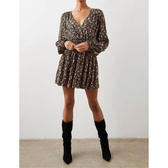 Rails Delaney Long Sleeve V-Neck Mini Dress in Dark Ditsy Floral Sz S - Picture 5 of 13